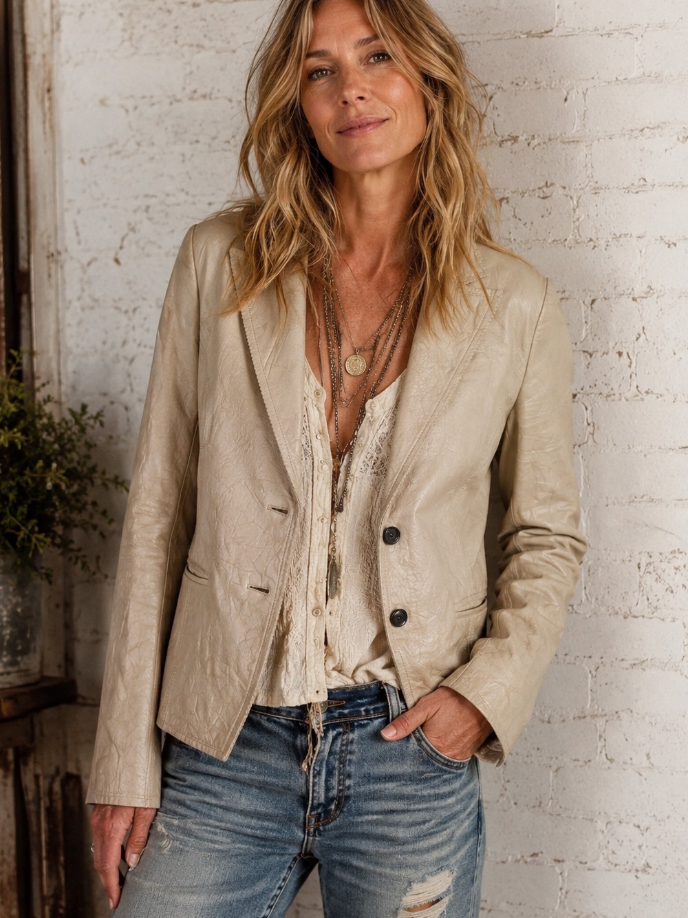 Annie Klein Crinkle Texture Leather Jacket M